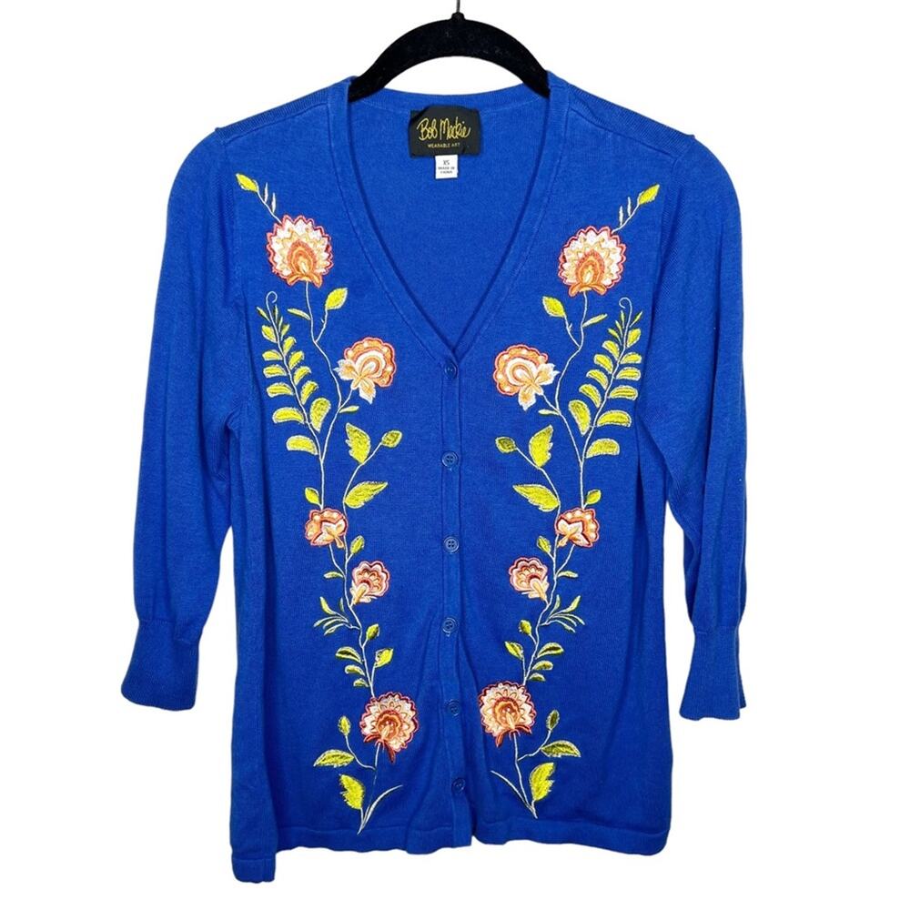 BOB MACKIE / blue orange floral embroidered cardigan button sweater / XS